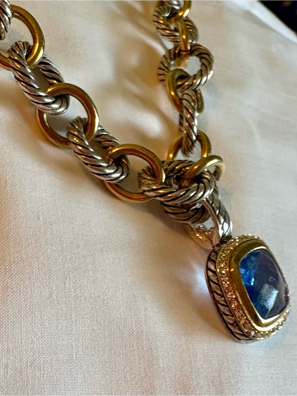 Premier Designs Two-Tone Rope Link Necklace with Blue Gem Pendant